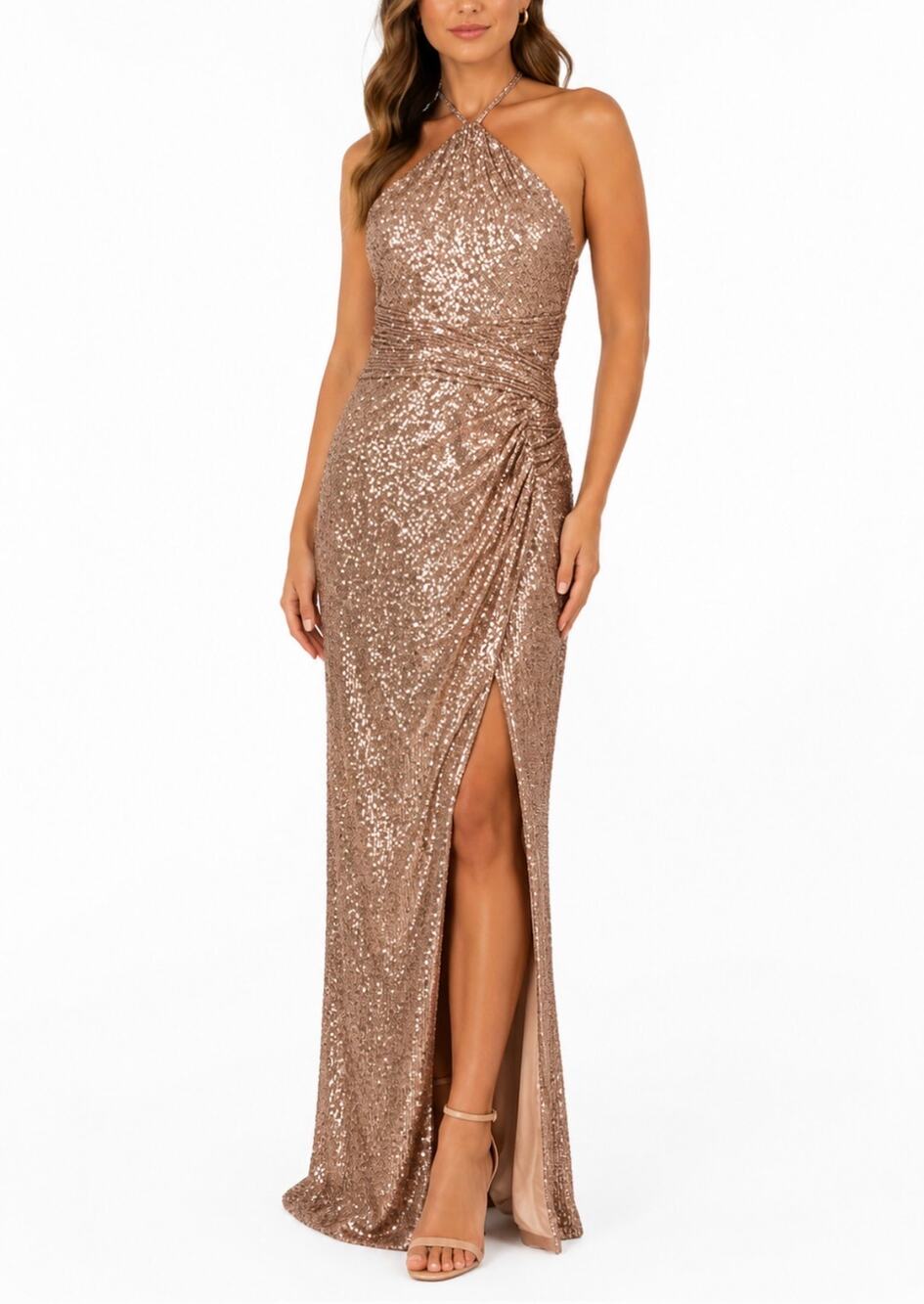 Mac Duggal 27128 Gold Evening Gown Sequin Backless Halter Column Dress Size 10